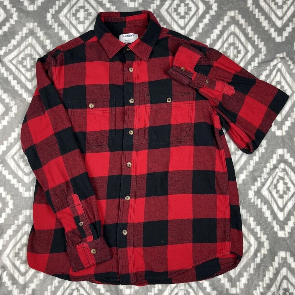 Old Navy Flannel‎ Shirt Mens M Red Buffalo Plaid 100% Cotton Classic Lumberjack